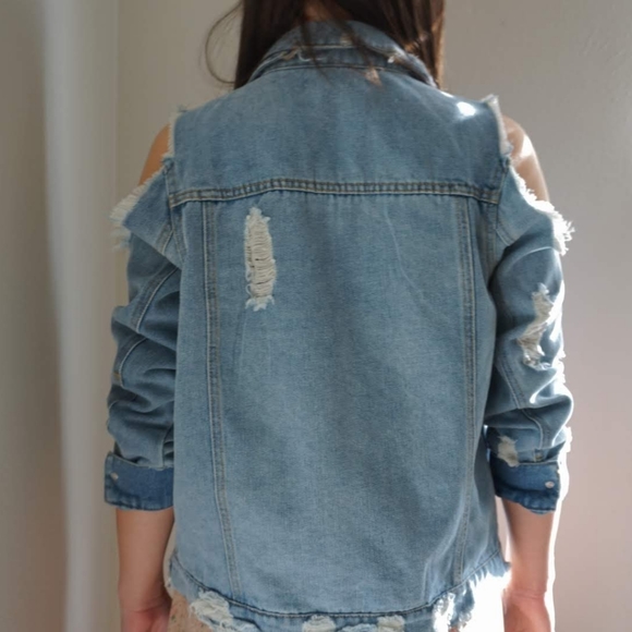 Open shoulder distressed denim jacket-worn once - Picture 3 of 6